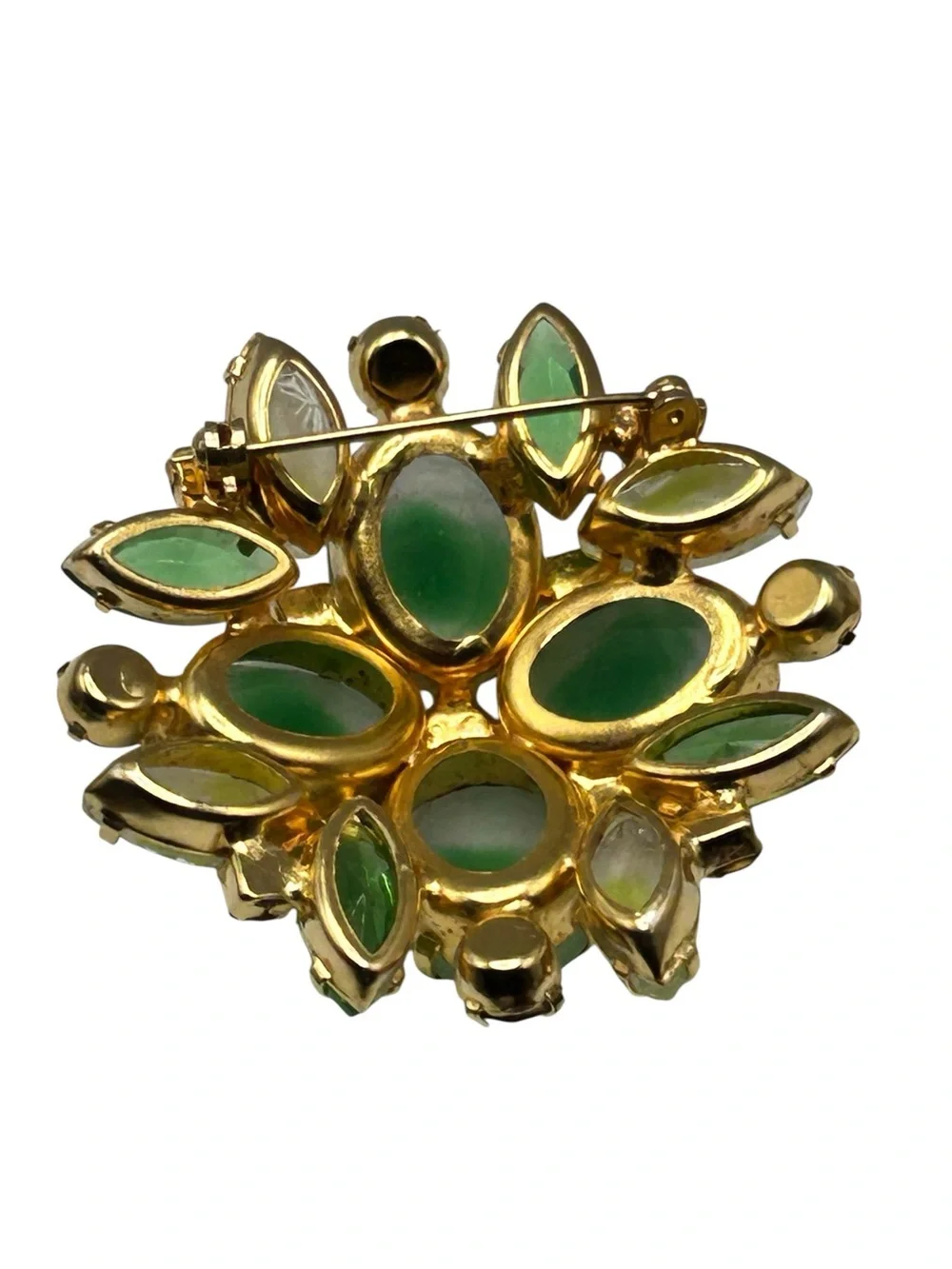 Vintage Green Molded Art Glass Rhinestone Brooch